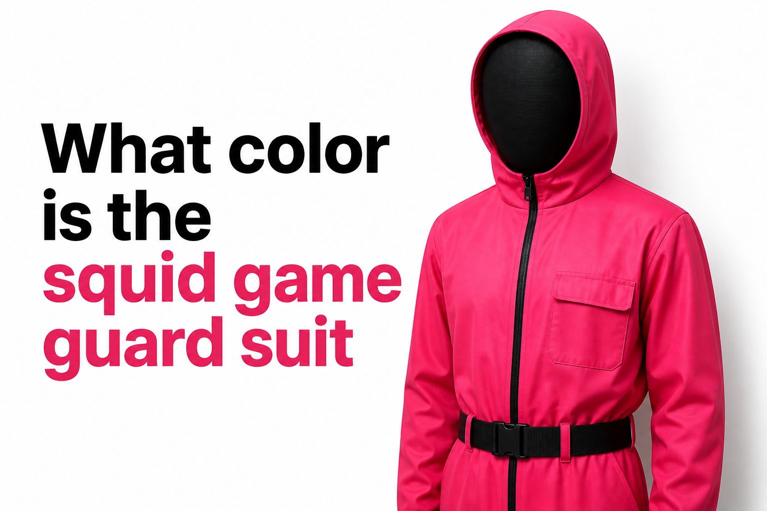 Squid Game guard in a pink-red hooded suit and black mask
